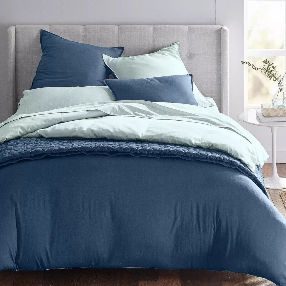 OAKE Reversible Cotton Tencel 3-Pc. Comforter Cover Set, Light Blue/Navy